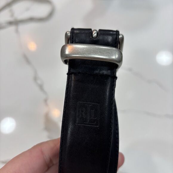 Lauren Ralph Lauren Belt Size 34 Black Solid Brass Buckle Italian Leather - Picture 2 of 9